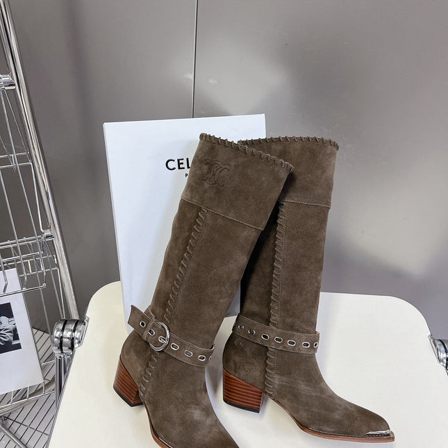 CELINE 25S BULKY LACED UP BOOTS 45MM IN CHARCOAL BROWN SUEDE