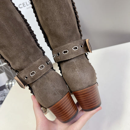 CELINE 25S BULKY LACED UP BOOTS 45MM IN CHARCOAL BROWN SUEDE