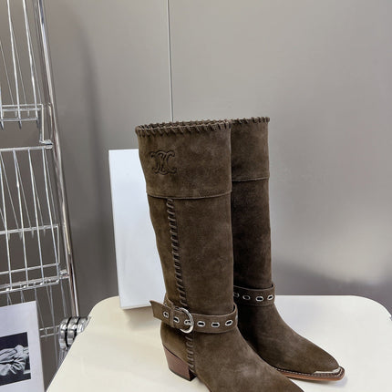 CELINE 25S BULKY LACED UP BOOTS 45MM IN CHARCOAL BROWN SUEDE