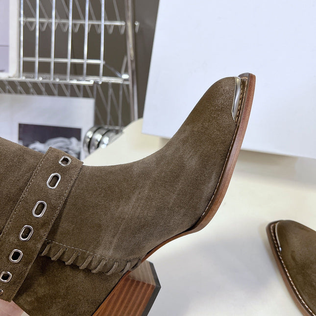 CELINE 25S BULKY LACED UP BOOTS 45MM IN CHARCOAL BROWN SUEDE