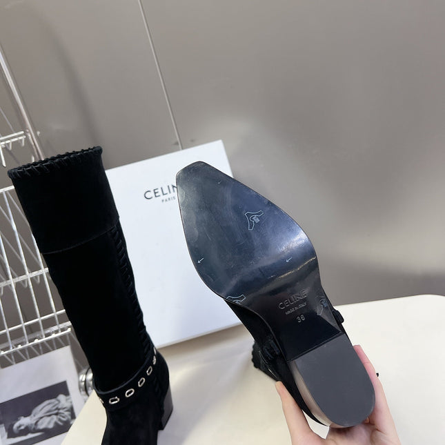 CELINE 25S BULKY LACED UP BOOTS 45MM IN BLACK SUEDE