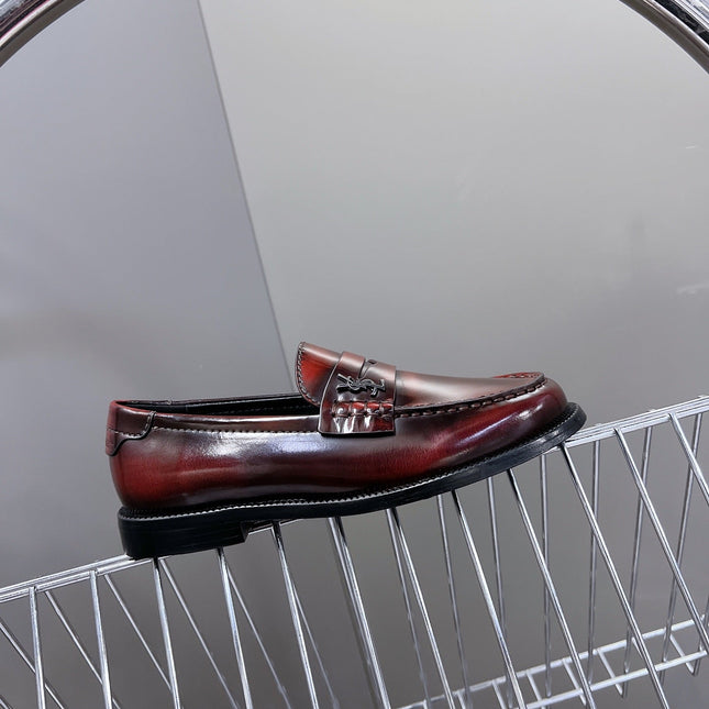 YSL 25S SAINT LAURENT LOAFERS IN TORTOISESHELL CRIMSON GLOSSY CALFSKIN