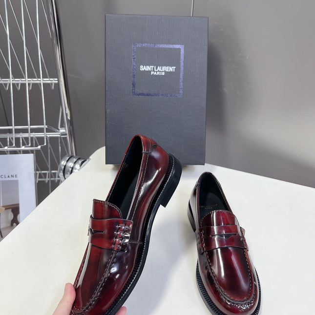 YSL 25S SAINT LAURENT LOAFERS IN TORTOISESHELL CRIMSON GLOSSY CALFSKIN