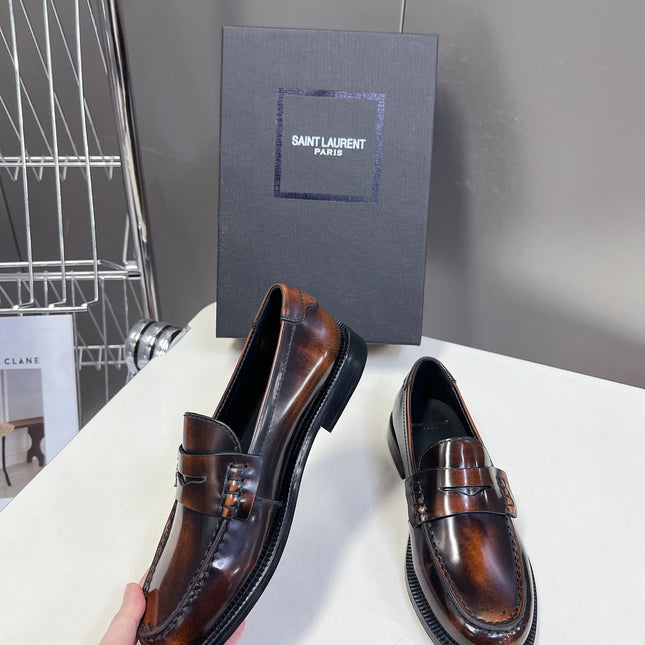 YSL 25S SAINT LAURENT LOAFERS IN TORTOISESHELL BROWN GLOSSY CALFSKIN
