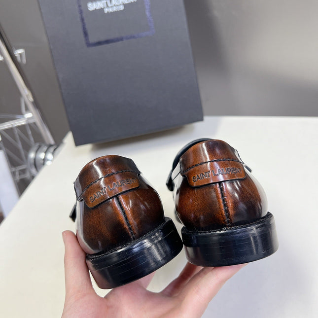 YSL 25S SAINT LAURENT LOAFERS IN TORTOISESHELL BROWN GLOSSY CALFSKIN