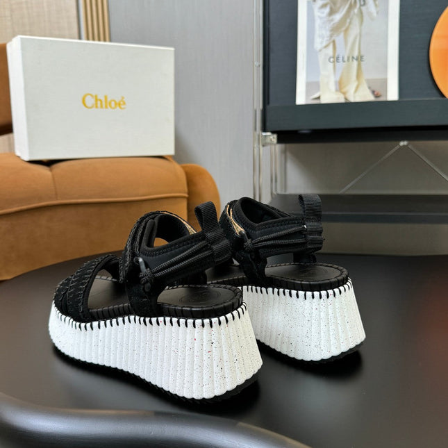 CHLOÉ NAMA WEDGE SANDAL 8 CM IN BLACK SUEDE AND WHITE RUBBER
