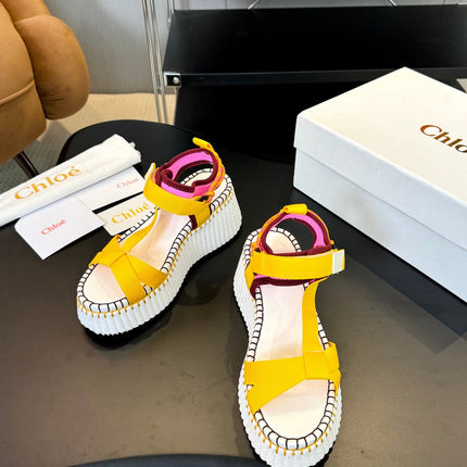 CHLOÉ NAMA WEDGE SANDALS IN BRIGHT YELLOW FABRIC AND WHITE RUBBER