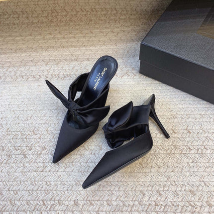 BARBARA BIG BOW MULES IN BLACK SILK