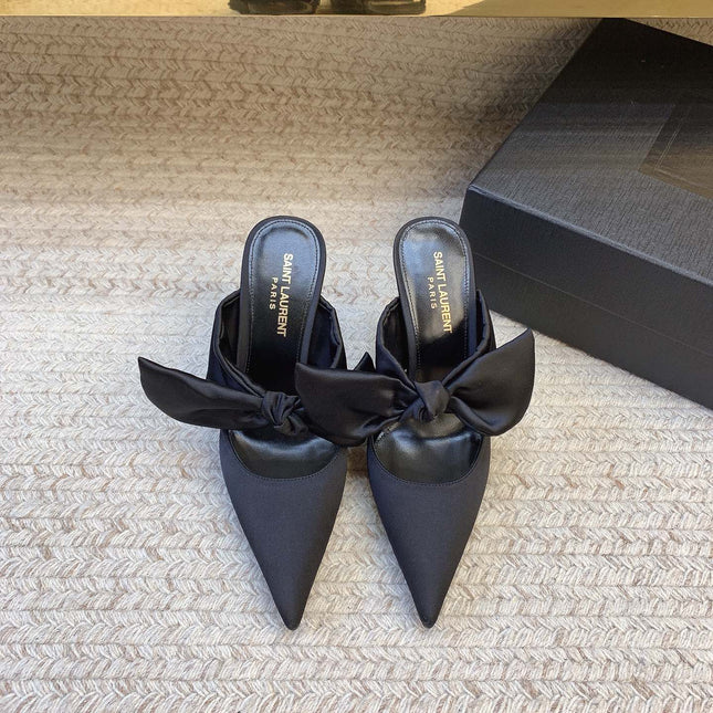 BARBARA BIG BOW MULES IN BLACK SILK
