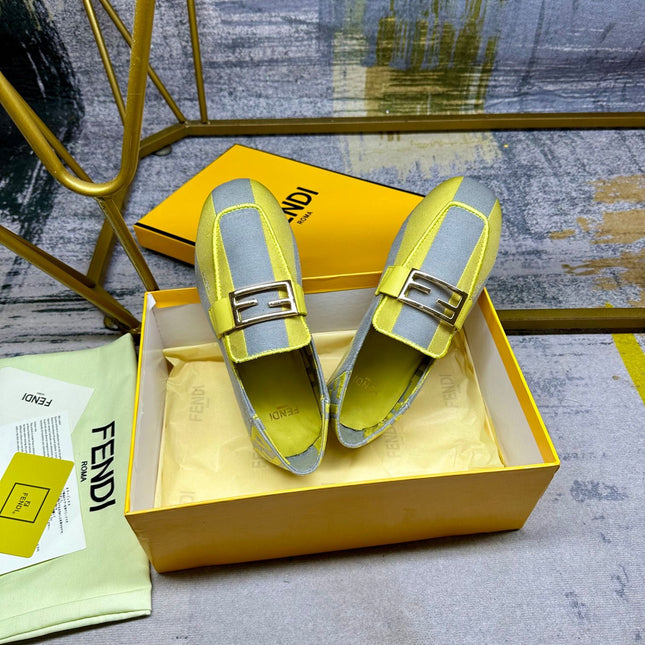 FENDI BAGUETTE LOAFERS IN GREY MIX LEMON YELLOW CANVAS GOLD HARDWARE