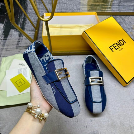 FENDI BAGUETTE LOAFERS IN AZURE BLUE CANVAS GOLD HARDWARE