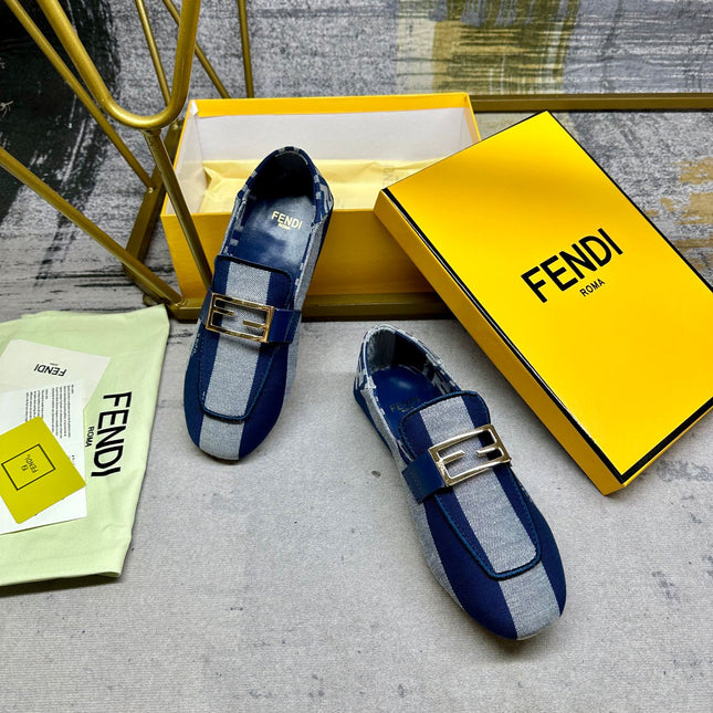 FENDI BAGUETTE LOAFERS IN AZURE BLUE CANVAS GOLD HARDWARE