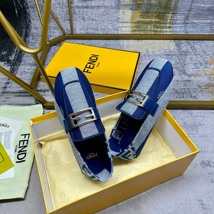 FENDI BAGUETTE LOAFERS IN AZURE BLUE CANVAS GOLD HARDWARE