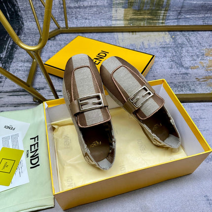 FENDI BAGUETTE LOAFERS IN BEIGE MIX BROWN CANVAS GOLD HARDWARE