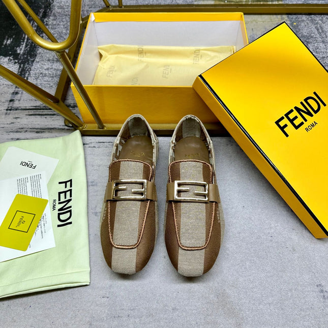 FENDI BAGUETTE LOAFERS IN BEIGE MIX BROWN CANVAS GOLD HARDWARE
