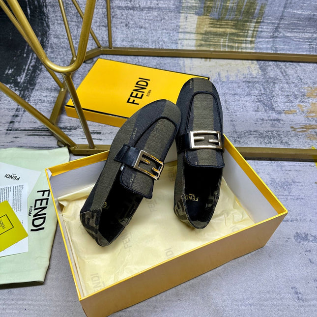 FENDI BAGUETTE LOAFERS IN OLIVE GREEN MIX BLACK CANVAS GOLD HARDWARE