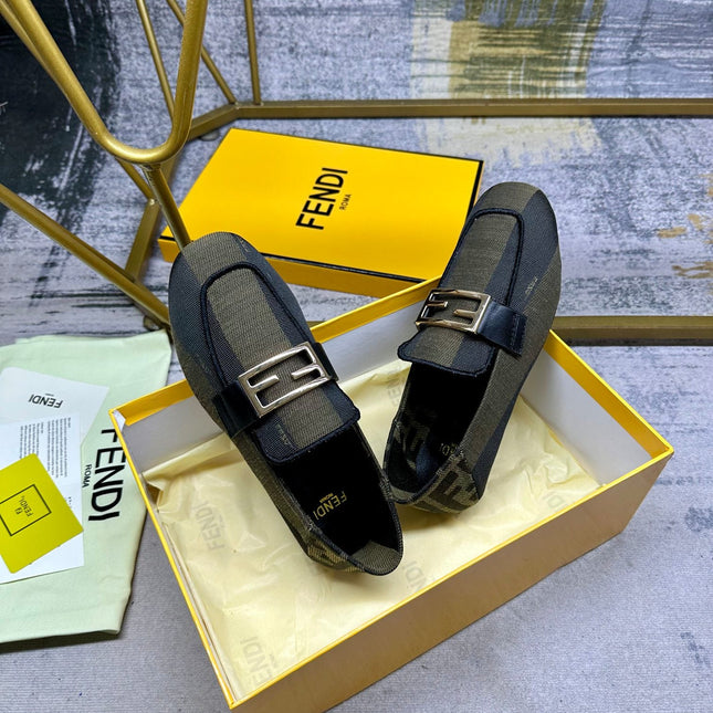 FENDI BAGUETTE LOAFERS IN OLIVE GREEN MIX BLACK CANVAS GOLD HARDWARE