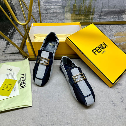FENDI BAGUETTE LOAFERS IN NAVY BLUE MIX WHITE CANVAS GOLD HARDWARE