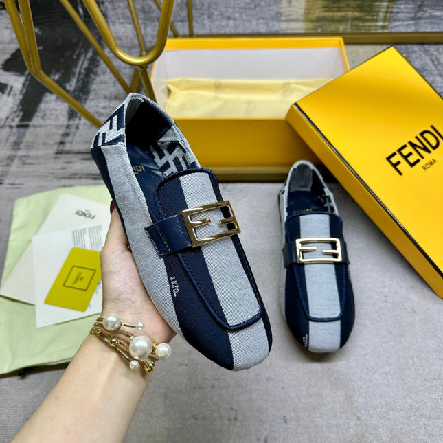 FENDI BAGUETTE LOAFERS IN NAVY BLUE MIX WHITE CANVAS GOLD HARDWARE