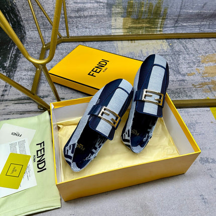 FENDI BAGUETTE LOAFERS IN NAVY BLUE MIX WHITE CANVAS GOLD HARDWARE