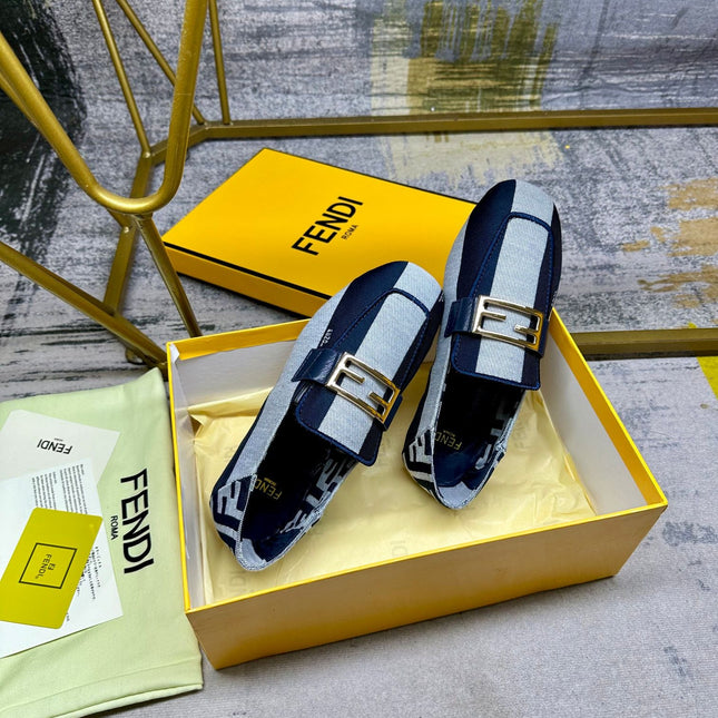 FENDI BAGUETTE LOAFERS IN NAVY BLUE MIX WHITE CANVAS GOLD HARDWARE