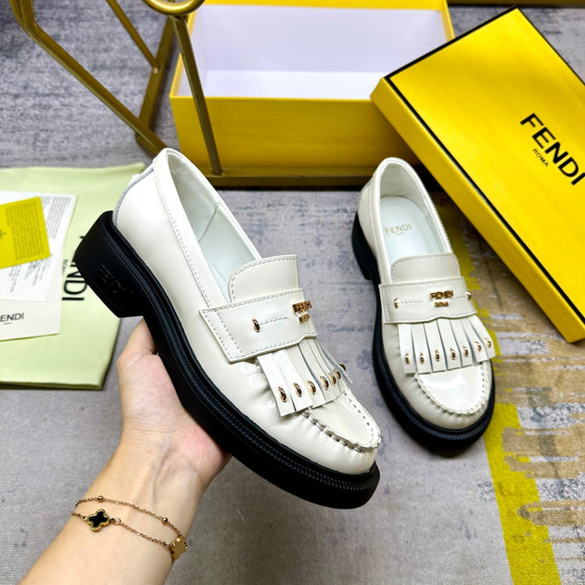 FENDI BAGUETTE LOAFERS IN WHITE CALFSKIN WITH GOLD HARDWARE