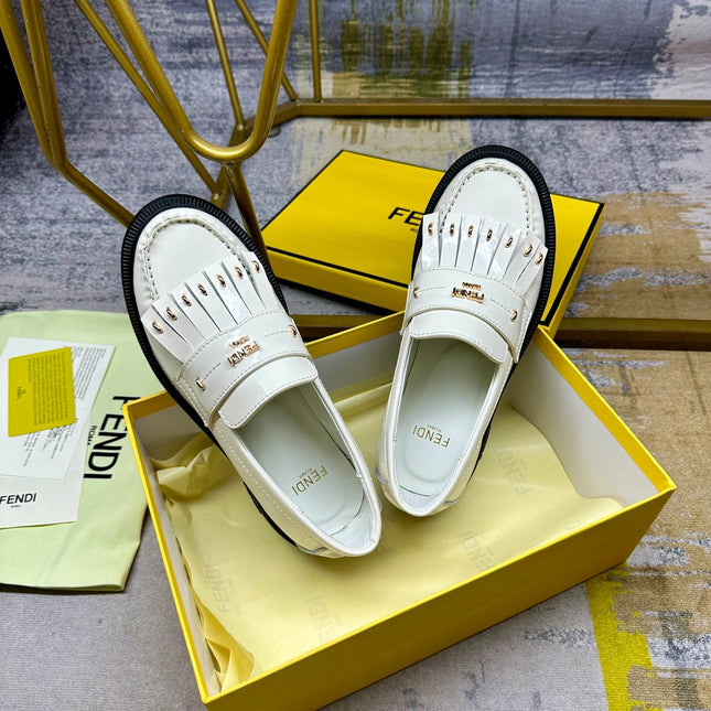 FENDI BAGUETTE LOAFERS IN WHITE CALFSKIN WITH GOLD HARDWARE