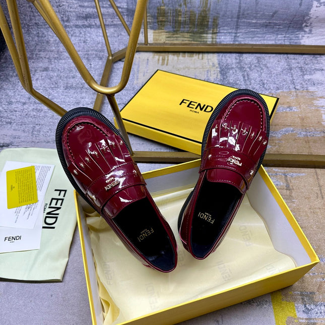FENDI BAGUETTE LOAFERS IN MAROON RED CALFSKIN WITH GOLD HARDWARE