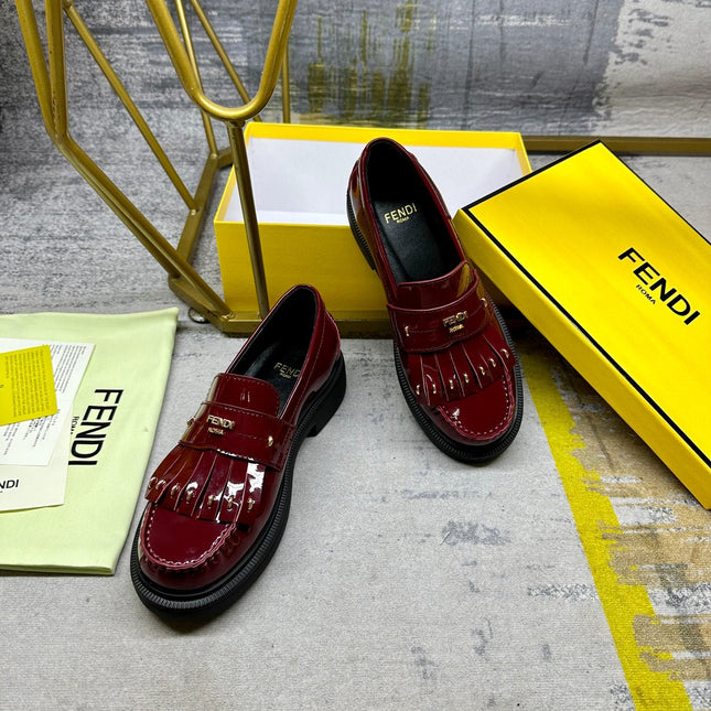 FENDI BAGUETTE LOAFERS IN MAROON RED CALFSKIN WITH GOLD HARDWARE