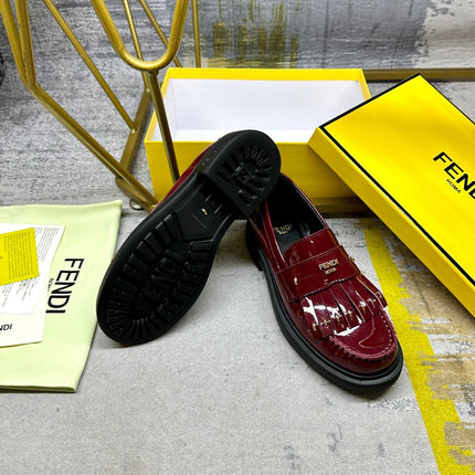 FENDI BAGUETTE LOAFERS IN MAROON RED CALFSKIN WITH GOLD HARDWARE