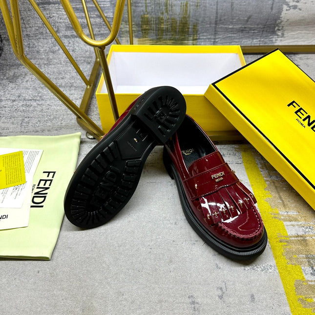 FENDI BAGUETTE LOAFERS IN MAROON RED CALFSKIN WITH GOLD HARDWARE
