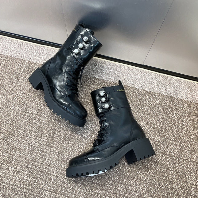 DIOR 25S D-STRIKE LACE-UP PUNK BOOTS 30MM IN BLACK CALFSKIN