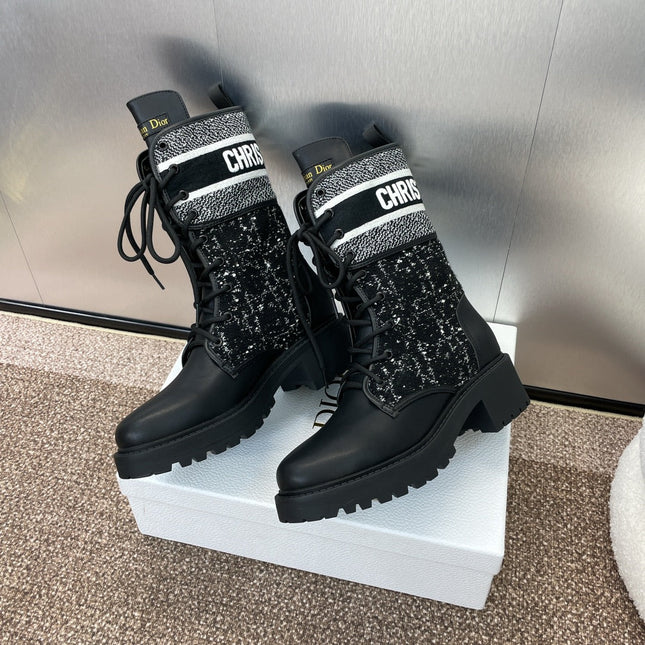 DIOR 25S D-MAJOR ANKLE BOOT 45MM IN BLACK AND WHITE CANNAGE TWEED AND BLACK CALFSKIN