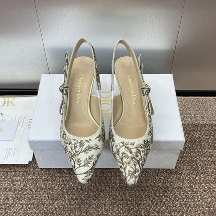 J'ADIOR HIGH SLINGBACK PUMP WHITE AND GOLD-TONE MILLEFIORI JACQUARD 65 MM