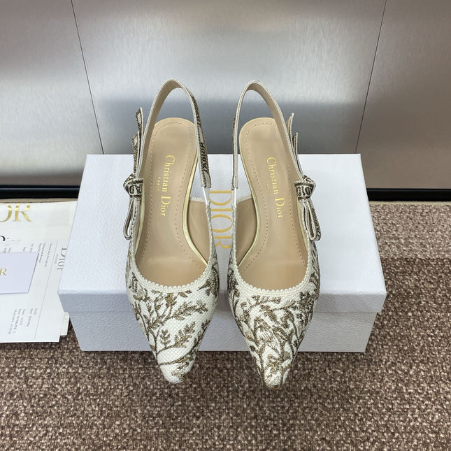 J'ADIOR HIGH SLINGBACK PUMP WHITE AND GOLD-TONE MILLEFIORI JACQUARD 65 MM