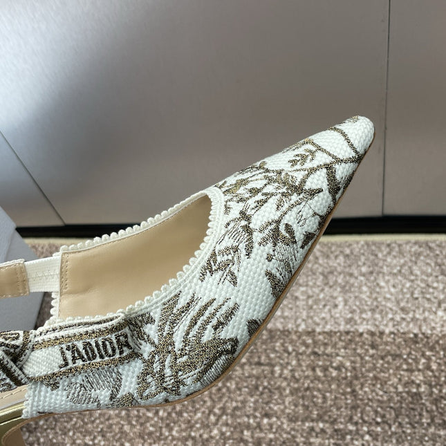 J'ADIOR HIGH SLINGBACK PUMP WHITE AND GOLD-TONE MILLEFIORI JACQUARD 65 MM