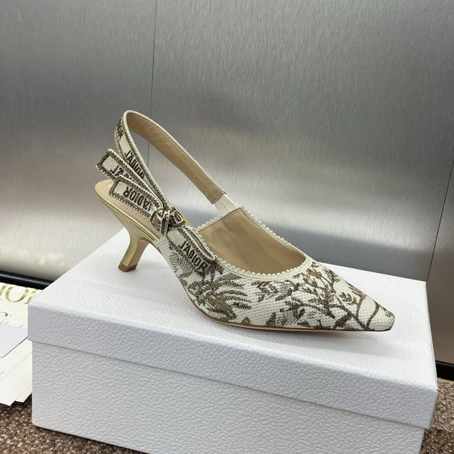 J'ADIOR HIGH SLINGBACK PUMP WHITE AND GOLD-TONE MILLEFIORI JACQUARD 65 MM