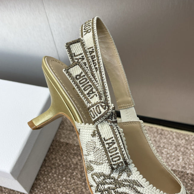 J'ADIOR HIGH SLINGBACK PUMP WHITE AND GOLD-TONE MILLEFIORI JACQUARD 65 MM