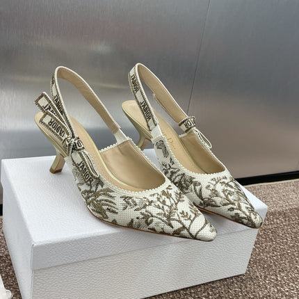 J'ADIOR HIGH SLINGBACK PUMP WHITE AND GOLD-TONE MILLEFIORI JACQUARD 65 MM