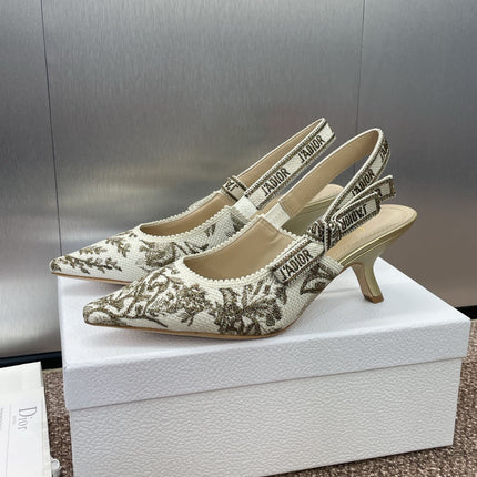 J'ADIOR HIGH SLINGBACK PUMP WHITE AND GOLD-TONE MILLEFIORI JACQUARD 65 MM