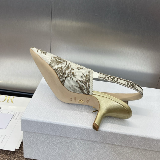 J'ADIOR HIGH SLINGBACK PUMP WHITE AND GOLD-TONE MILLEFIORI JACQUARD 65 MM
