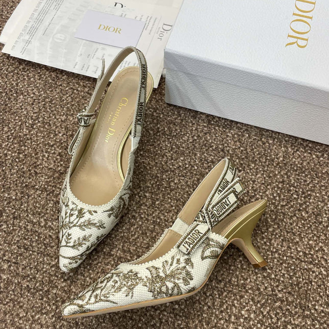 J'ADIOR HIGH SLINGBACK PUMP WHITE AND GOLD-TONE MILLEFIORI JACQUARD 65 MM
