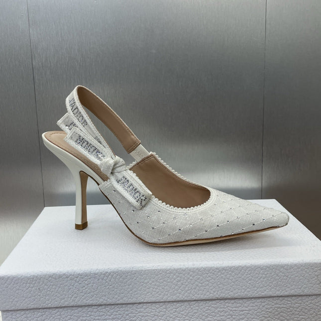 J'ADIOR SLINGBACK 25S PUMP 95MM IN WHITE FABRIC EMBOSSED CRYSTAL