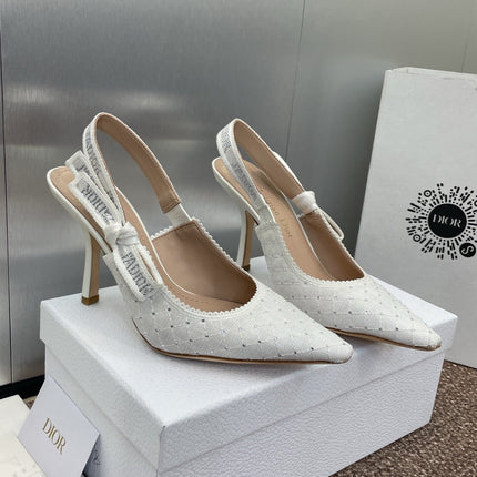 J'ADIOR SLINGBACK 25S PUMP 95MM IN WHITE FABRIC EMBOSSED CRYSTAL