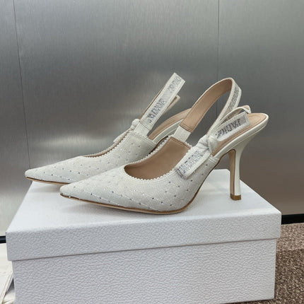 J'ADIOR SLINGBACK 25S PUMP 95MM IN WHITE FABRIC EMBOSSED CRYSTAL