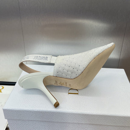J'ADIOR SLINGBACK 25S PUMP 95MM IN WHITE FABRIC EMBOSSED CRYSTAL
