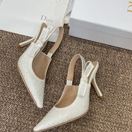 J'ADIOR SLINGBACK 25S PUMP 95MM IN WHITE FABRIC EMBOSSED CRYSTAL