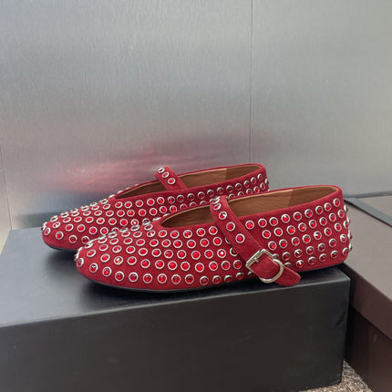 ALAIA MARY JANE FLAT 25S IN DARK RED LAMBSKIN EMBELLISHED WITH CRYSTALS