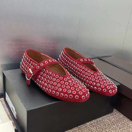 ALAIA MARY JANE FLAT 25S IN DARK RED LAMBSKIN EMBELLISHED WITH CRYSTALS