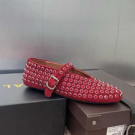 ALAIA MARY JANE FLAT 25S IN DARK RED LAMBSKIN EMBELLISHED WITH CRYSTALS